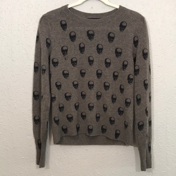 360 Skull Cashmere Cara Jack Brown Skull Print Cashmere Sweater Size S - Picture 2 of 13